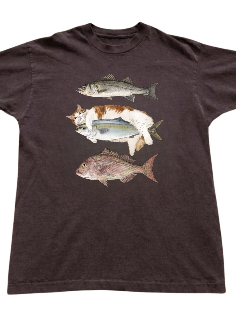 Gildan Brown Graphic Tee with Cat & Fish Illustration